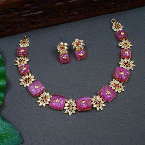 Regal Bloom Ruby Floral Gold Choker Necklace Set