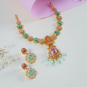 Divine Blossom Gold Necklace And Hexagon Drop Earrings