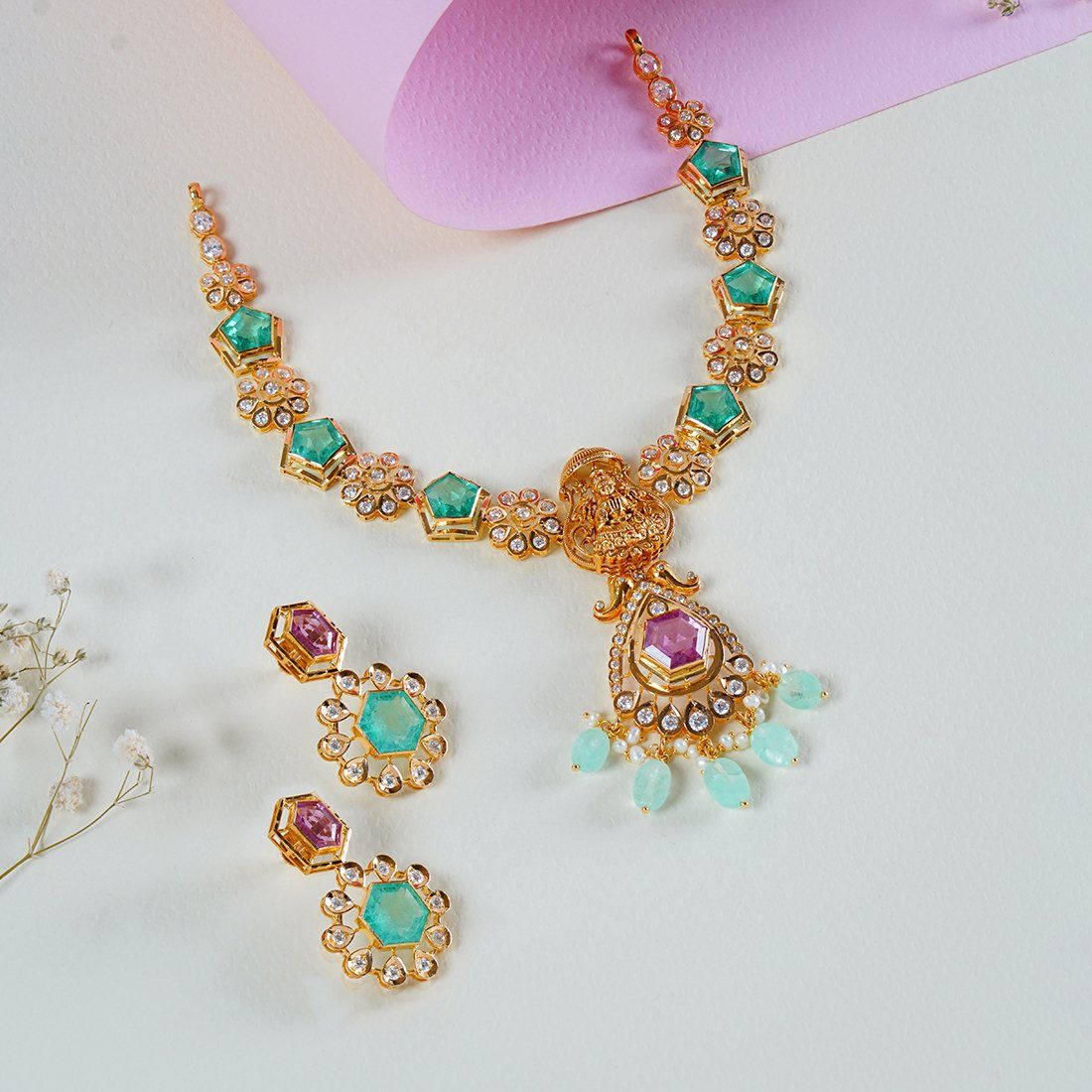 Divine Blossom Gold Necklace And Hexagon Drop Earrings