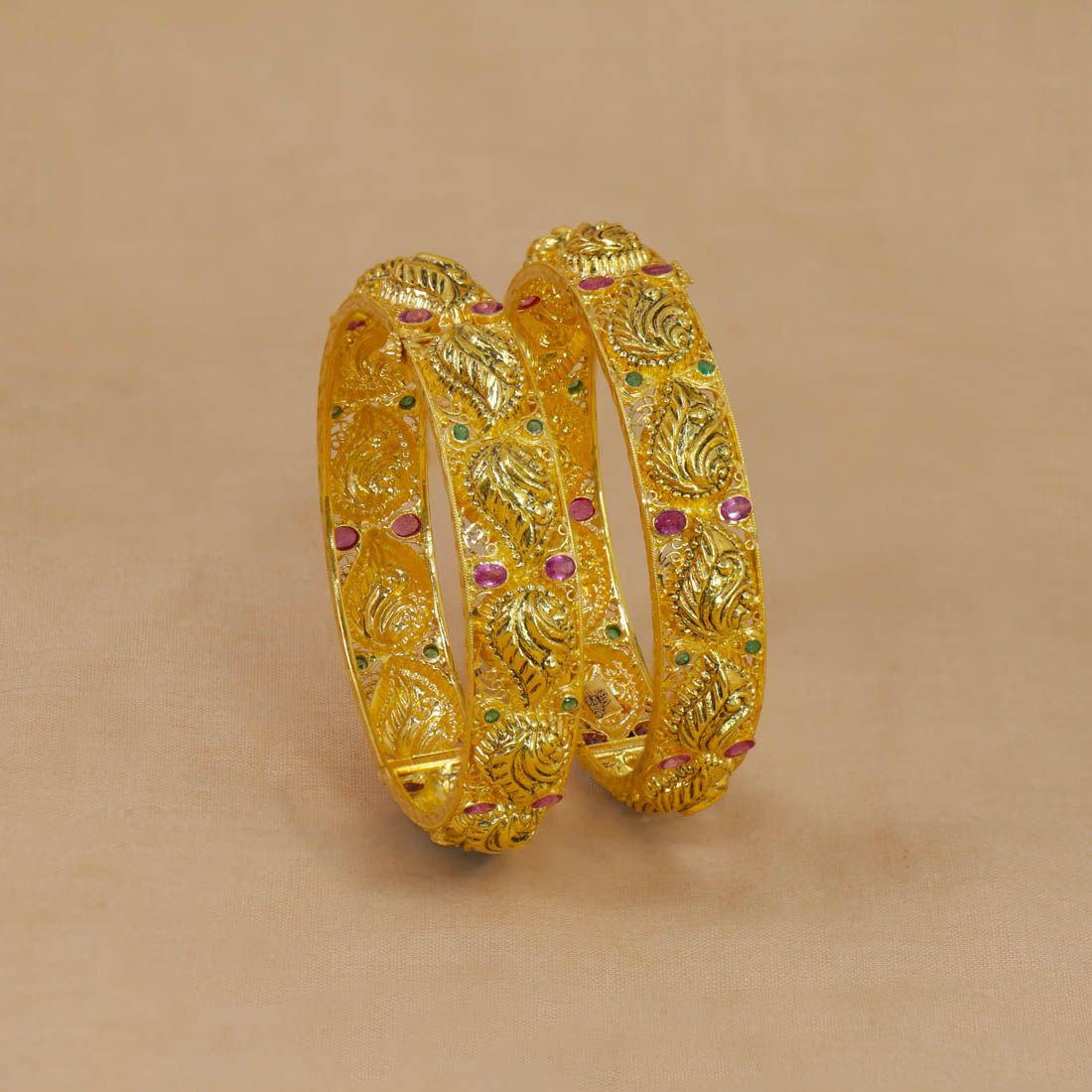 22Kt Gold Nakshi Bangles With Ruby Emerald Stones 112VG2195-112VG2196