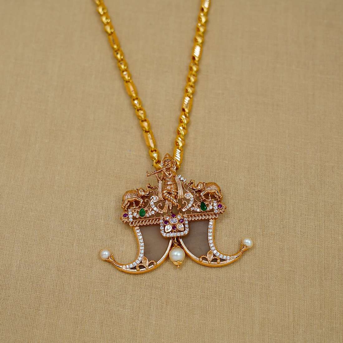 Lord Krishna Gold Puligoru Locket with Pachi Work 115MHOEB15460